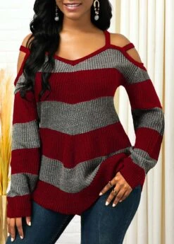 Striped Asymmetric Hem Cold Shoulder Sweater -Rosewe Promotion Store 233021 P 16011883881453