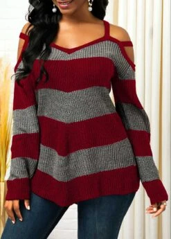 Striped Asymmetric Hem Cold Shoulder Sweater