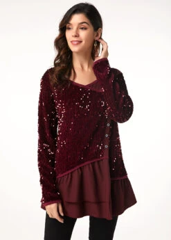 Button Detail Long Sleeve Sequin Embellished T Shirt -Rosewe Promotion Store 233061 P 15773232005633