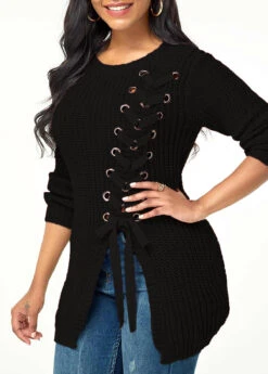 Rib Knit Lace Up Asymmetric Hem Sweater -Rosewe Promotion Store 233151 P 15729468500993