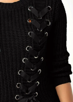 Rib Knit Lace Up Asymmetric Hem Sweater -Rosewe Promotion Store 233151 P 15729468504105