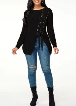 Rib Knit Lace Up Asymmetric Hem Sweater -Rosewe Promotion Store 233151 P 15729468504214