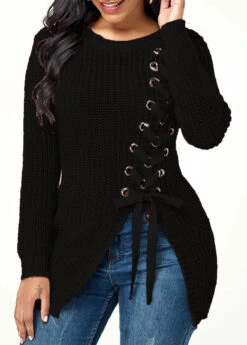 Rib Knit Lace Up Asymmetric Hem Sweater