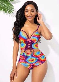 Printed High Waisted Spaghetti Strap Bikini Set