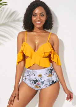 High Waist Ruffle Overlay Spaghetti Strap Bikini Set -Rosewe Promotion Store 237995 P 1591333759469