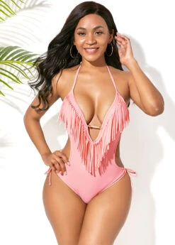 Light Pink Tassel Embellished Halter One Piece Swimwear