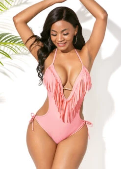 Light Pink Tassel Embellished Halter One Piece Swimwear -Rosewe Promotion Store 242298 P 15942718333833