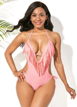 Light Pink Tassel Embellished Halter One Piece Swimwear -Rosewe Promotion Store 242298 P 15942718347034