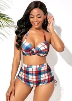 High Waisted Plaid Print Drawstring Side Bikini Set -Rosewe Promotion Store 242300 P 15906473293023