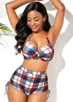 High Waisted Plaid Print Drawstring Side Bikini Set -Rosewe Promotion Store 242300 P 15906473293104