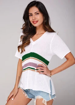 V Neck Short Sleeve Contrast Sweater -Rosewe Promotion Store 242417 P 15905446597114