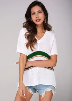 V Neck Short Sleeve Contrast Sweater -Rosewe Promotion Store 242417 P 15905446597323