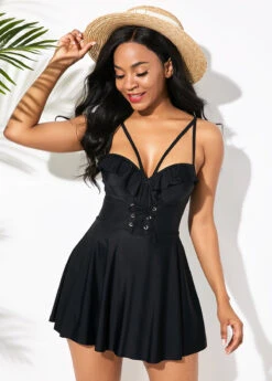 Ruffle Hem Black Lace Up Swimdress And Shorts