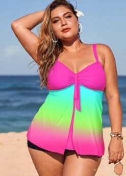 Printed Plus Size Spaghetti Strap Rainbow Color Tankini Set