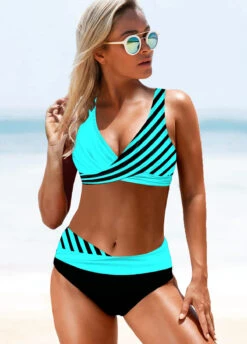 Stripe Print Lace Up Back Cyan Bikini Set