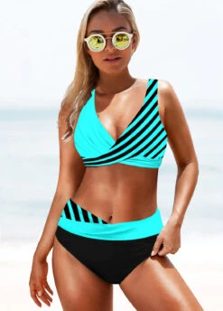 Stripe Print Lace Up Back Cyan Bikini Set -Rosewe Promotion Store 243213 P 1610087273162
