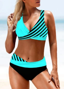 Stripe Print Lace Up Back Cyan Bikini Set -Rosewe Promotion Store 243213 P 1610087273780