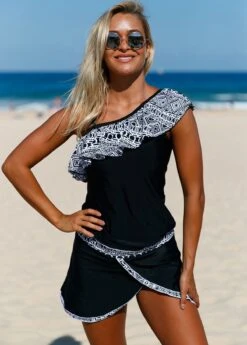 Ruffle Hem Printed Skew Neck Tankini Set