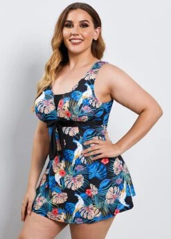 Bowknot Sash V Neck Tropical Print Swimdress And Shorts -Rosewe Promotion Store 244994 P 15953276443732