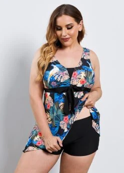 Bowknot Sash V Neck Tropical Print Swimdress And Shorts -Rosewe Promotion Store 244994 P 15953276444404