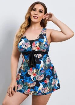 Bowknot Sash V Neck Tropical Print Swimdress And Shorts -Rosewe Promotion Store 244994 P 15953276445633