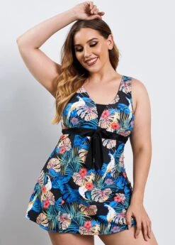 Bowknot Sash V Neck Tropical Print Swimdress And Shorts