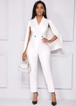 White Cape Sleeve V Neck Jumpsuit