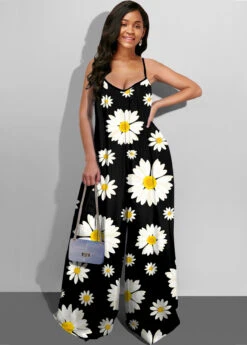 Spaghetti Strap Wide Leg Daisy Print Jumpsuit