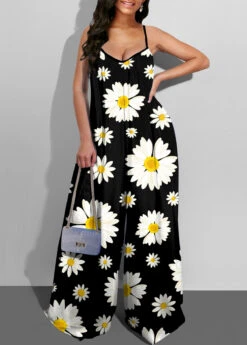Spaghetti Strap Wide Leg Daisy Print Jumpsuit -Rosewe Promotion Store 246578 P 1594708983568