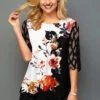 Mesh Panel Round Neck Floral Print T Shirt -Rosewe Promotion Store 246731 P 1595411266441