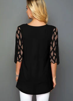 Mesh Panel Round Neck Floral Print T Shirt -Rosewe Promotion Store 246731 P 1595411267810