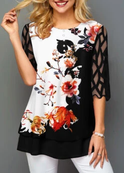 Mesh Panel Round Neck Floral Print T Shirt -Rosewe Promotion Store 246731 P 1595411271783