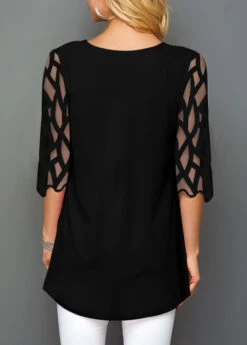 Mesh Panel Round Neck Floral Print T Shirt -Rosewe Promotion Store 246731 P 1595411273955