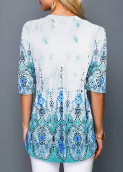 Half Sleeve Tribal Print Split Neck Blouse -Rosewe Promotion Store 248087 P 15985809246072
