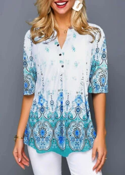 Half Sleeve Tribal Print Split Neck Blouse