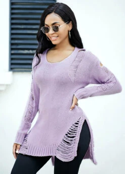 Asymmetric Hem Draped Fringe Long Sleeve Sweater -Rosewe Promotion Store 248816 P 15992054014313