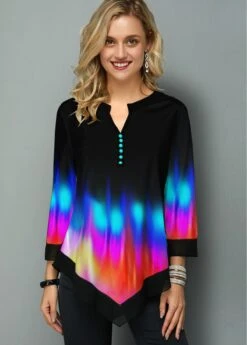 Asymmetric Hem Printed Rainbow Color T Shirt