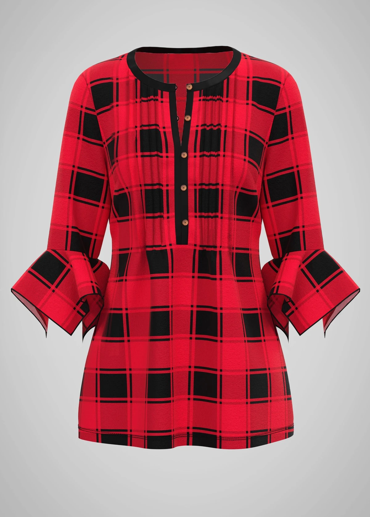 Hanky Cuff Round Neck Plaid Print Blouse 3 Hanky Cuff Round Neck Plaid Print Blouse