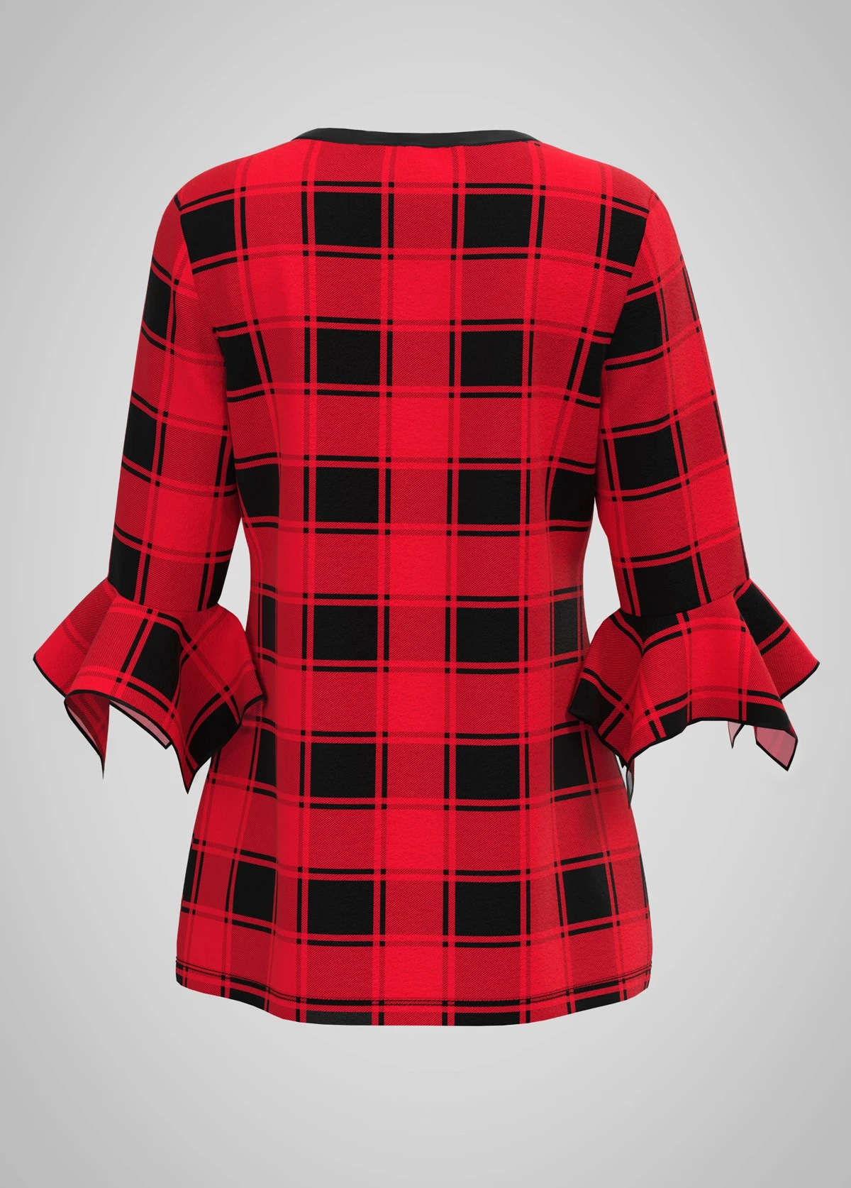 Hanky Cuff Round Neck Plaid Print Blouse 4 Hanky Cuff Round Neck Plaid Print Blouse - Image 2