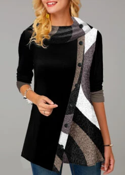 Contrast Color Decorative Button Black Cowl Neck Sweatshirt