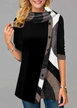 Contrast Color Decorative Button Black Cowl Neck Sweatshirt -Rosewe Promotion Store 255710 P 1606889808107