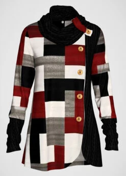 Geometric Print Decorative Button Red Cowl Neck Sweatshirt