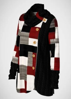 Geometric Print Decorative Button Red Cowl Neck Sweatshirt -Rosewe Promotion Store 256377 P 1603703136570