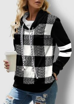 Plaid Drawstring Neck Contrast Long Sleeve Sweatshirt