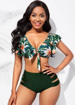 Floral Print Ladder Cutout Flounce High Waisted Bikini Set