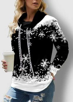 Drawstring Long Sleeve Snowflake Print Sweatshirt
