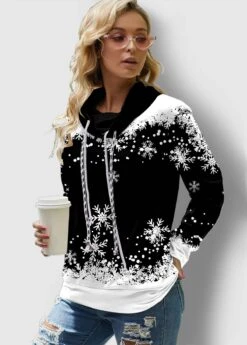 Drawstring Long Sleeve Snowflake Print Sweatshirt -Rosewe Promotion Store 257862 P 1607075754424