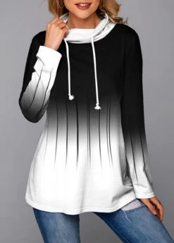Ombre White Cowl Neck Regular Sleeve Sweatshirt
