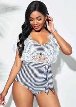 Lace Stitching Retro Striped Bikini Set -Rosewe Promotion Store 258899 P 16080175014302