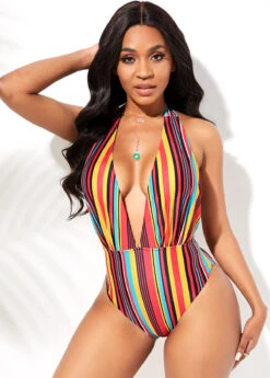 Rainbow Stripe Halter One Piece Swimwear -Rosewe Promotion Store 259249 P 16105298290445